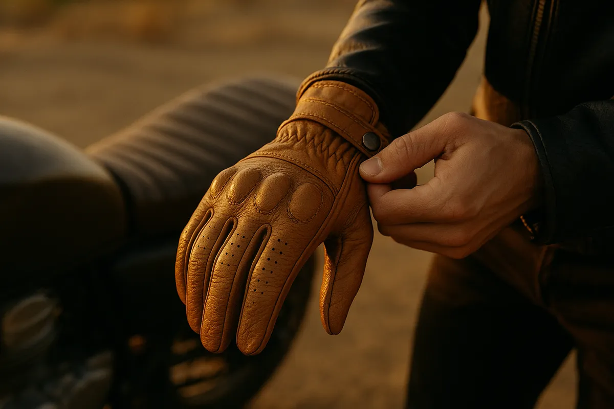 A hand adjusts a textured leather motorcycle glove, with a blurred motorcycle seat in warm golden-hour light.